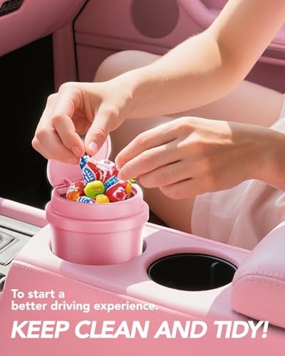 Pink Car Trash Can - Mini Leakproof Vehicle Trash Bin with Lid - Garbage Can for Car Cup Holder - Cute Passenger Princess Car Accessories - with 80 Pink Trash Bags