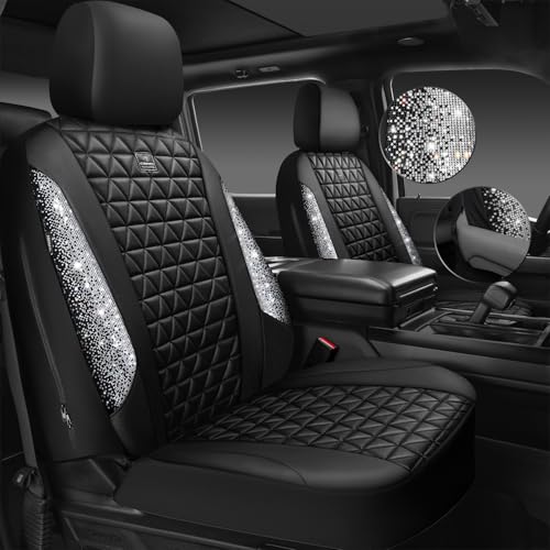 CAR PASS Bling Diamond Leather Car Seat Covers Full Seats Interior Sets, Waterproof Shining Glitter Sparkly Crystal Universal Armrest Fit Automotive Truck SUV Cute Women Girl, Black Silver Rhinestone - color: Silver Rhinestone, size: Full Set