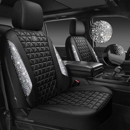 CAR PASS Bling Diamond Leather Car Seat Covers Full Seats Interior Sets, Waterproof Shining Glitter Sparkly Crystal Universal Armrest Fit Automotive Truck SUV Cute Women Girl, Black Silver Rhinestone - color: Silver Rhinestone, size: Full Set