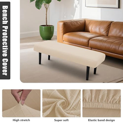 Stretch Bench Seat Cover, Reusable Slipcover for Dining Room & Bedroom, Removable Washable Rectangular Bench Covers, Elastic Fit for Home Furniture(Beige) - color: Beige