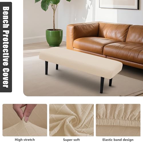 Stretch Bench Seat Cover, Reusable Slipcover for Dining Room & Bedroom, Removable Washable Rectangular Bench Covers, Elastic Fit for Home Furniture(Beige) - color: Beige