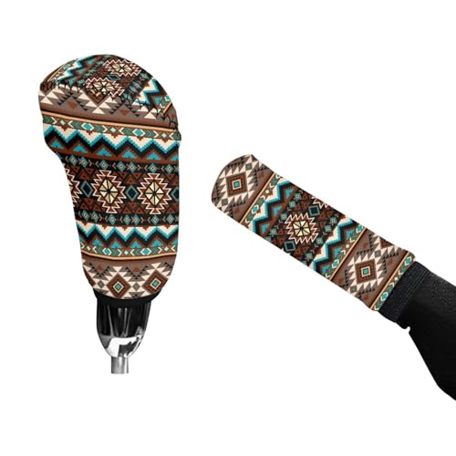 Bulopur Car Shifter Gear Hand Brake Trim Cover Set for Most Cars Van SUV Sedan Truck Auto Accessories - color: Aztec Navajo Ethnic