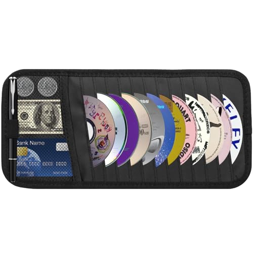 CD Visor Holder for Car, Large Capacity CD & DVD Visor Case, Vehicle Visor Storage Organizer with 12 Disc Sleeves, 1 Mesh Pocket 1 Pen Holder and & Elastic Band (Black) - color: Black
