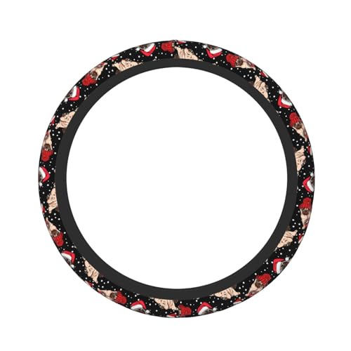 Christmas Xmas Style Santa Cute Funny Pug Cute Dog Black and White Car Steering Wheel Cover,Non-Slip Elastic Neoprene-Sweat Car Accessories,Universal 15 Inch Fit Auto, Vans Trucks,Suvs, Truck - color: Funny Pug