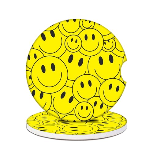 2 Pack Car Cup Holder Coasters - Yellow Smile Face Absorbent Ceramic Coaster, Car Coasters for Cup Holders, Car Interior Accessories for Women Men - color: Yellow Face