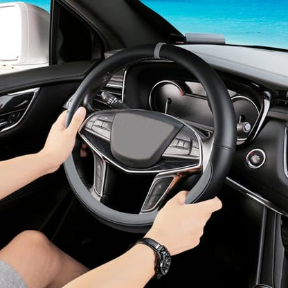 Black Gray Car Steering Wheel Cover, Nappa Leather, Bottom Color Blocking, Universal 14.5-15 Inch Leather Anti-Slip Breathable Auto Steering Wheel Covers for Men Women - color: Black Gray