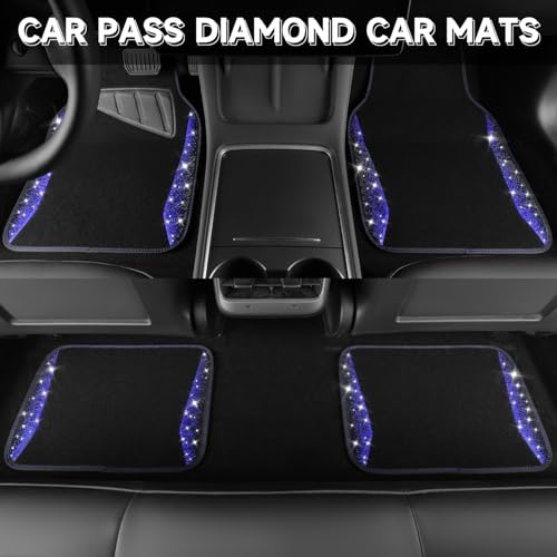 CAR PASS Bling Diamond Car Floor Mat Shining Carpet, Sparkly Glitter Crystal Anti-Slip PVC Heel Pad Automotive Universal Fit for SUV Sedan Car Van, 4pcs for Girl Cute Women, Black Blue - color: Blue Diamond