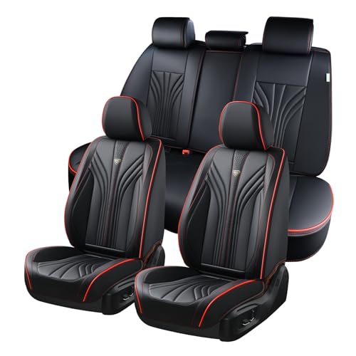 FLORICH Car Seat Covers Full Set, 5 Seats Universal Seat Covers for Cars, Waterproof Nappa Leather Auto Seat Protectors, Black Front and Rear Seat Protectors Fit for Cars SUV Pick-up Truck - color: Black&Red line, size: Full set