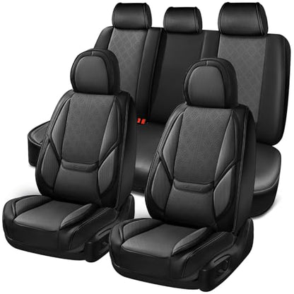 CAR PASS Nappa Leather Car Seat Covers 5 Seat, Luxury Lumbar Support Seat Cover Full Set, Waterproof Breathable Durable All Coverage Leatherette Seat Covers for SUVs,Pickups,Trucks,Vehicles (Gray) - color: Black and Gray