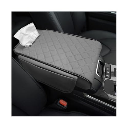 Car Center Console Cover, 13 × 7.1 × 3.0 Inch Leather Auto Armrest Cover with Pockets & Tissue Box, Waterproof Comfortable Center Console Cushion Pad for Cars Trucks SUVs (Gray) - color: Gray