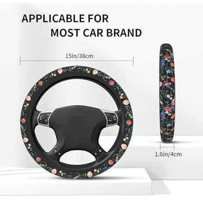 Wildflower Car Steering Wheel Cover - Multicolor Wildflower Steering Wheel Cover Anti-Slip Breathable Universal for 15 Inch Car 2 Pieces Coasters Suitable for Men Women - color: Wildflower