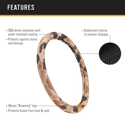 Browning Universal Fit Steering Wheel Cover for Car, Truck, and SUV, Durable Steering Wheel Protection, Arms Co. (Tan Duck Camo SIOC) - color: Arms Co. (Tan Duck Camo SIOC)
