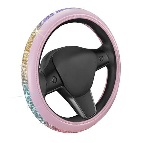 Carbella Pink Diamond Bling Steering Wheel Cover,Standard 15 Inch Size Fits Most Vehicles, Cute Faux Leather Car Steering Cover with Rhinestone Crystal, Car Accessories for Women - color: Bling Pink/Rainbow