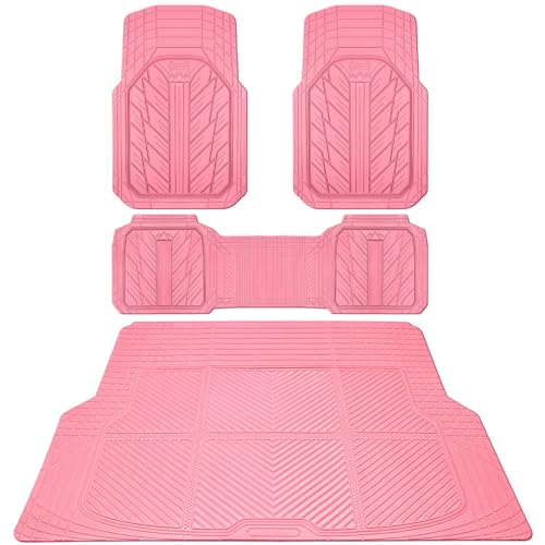 CAR PASS Floor Mats for Cars M-L Size, Heavy Duty Rubber Floor Mats with Trunk Cargo Liner, Universal Trim-to Fit Automotive Floor mats for Truck Van SUV Waterproof All Weather Car Mats All Pink - color: All Pink M-L Cargo Liner