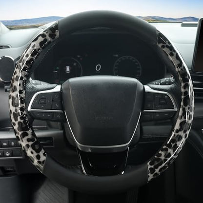 KAFEEK Black Leopard Cheetah Steering Wheel Cover, Universal 15 Inch, Anti-Slip PU Leather Car Steering Wheel Protector for Men Women, Fit for Cars, Auto, SUVs