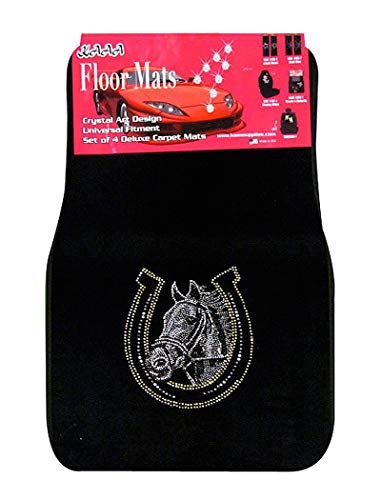Universal Fit Car Truck Front/Rear 4-Piece Full Set Crystal Bling Rhinestone Studded Black Carpet Floor Mats (Horse Shoe/Black) - color: Horse Shoe/Black