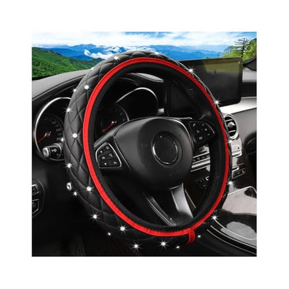 Bling Car Steering Wheel Cover, Non-Slip Elastic Stretch Leather Auto Steering Wheel Protector, Sparkling Diamond Vehicle Decor Accessories for Women Girls, Universal for Vehicles (Red)