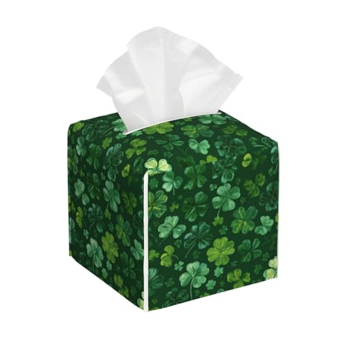 Green Clover Tissue Box Cover Square, Waterproof Leather Tissue Box Holder Portable Dispenser Modern Home Decoration for Bathroom Car Nightstand Vanity - color: Green Clover