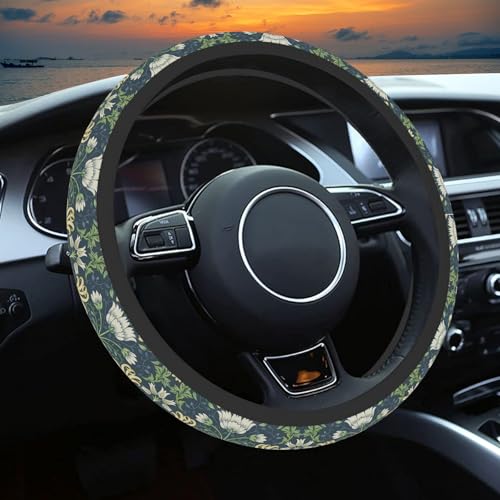 Green Flowers Plants Steering Wheel Cover, Cute Print Steering Wheel Cover Protector, Personalized Pattern Design, Car Accessories for Women, for Steering Wheel with a Diameter of 14.5"-15" - color: Green Flowers Plants