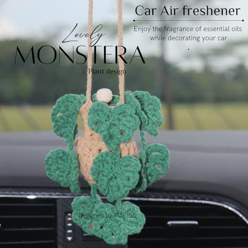 Cute Crochet Car Plant Monstera Essential Oil Diffuser Bottle - 12ml Refillable, Green Car Accessory for Mirror Decor and Home Decor - style: Monstera