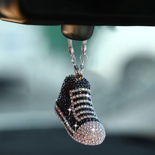 Bling Sneaker Shoe Sparkly Car Hanging Ornament, Cute Crystal Rear View Mirror Pendant, Diamond Rearview Mirror Charms, Lucky Car Interior Decor Accessories (Black) - color: Black