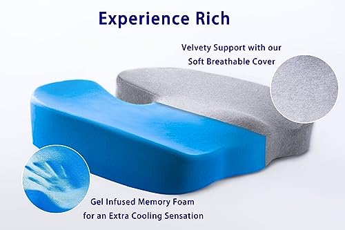 Gel Infused High Dense Memory Foam Seat Cushions for Office Chair, Car, Wheelchair-Coccyx Seat Cushion for Tailbone Pain Pressure Relief (Light Grey)
