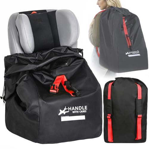 Car Seat Travel Bag for Airplane backpack with padded shoulder straps, Large Waterproof Car Seat Bags Fits Most Infant Car Seats, Convertible Car Seats, Booster Seats, Car Seat Bases - color: Black with red