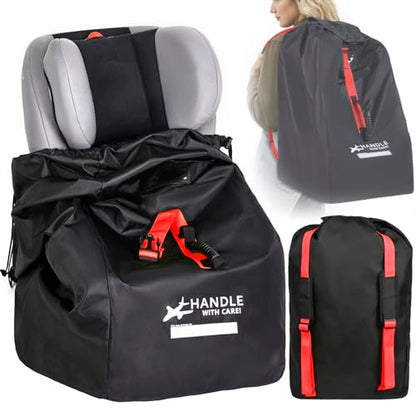 Car Seat Travel Bag for Airplane backpack with padded shoulder straps, Large Waterproof Car Seat Bags Fits Most Infant Car Seats, Convertible Car Seats, Booster Seats, Car Seat Bases - color: Black with red