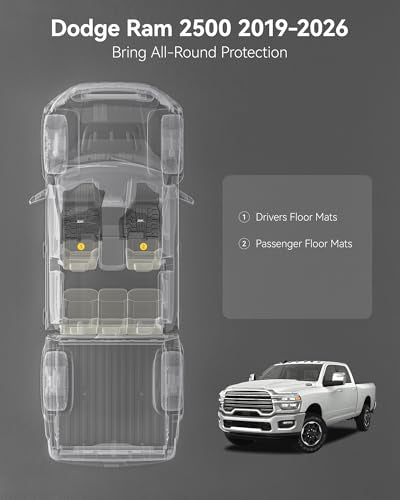 3W Floor Mats for 2019-2025 2026 Dodge Ram 2500/3500 Crew Cab, All Weather TPE Custom Fit Dodge Ram 2500/3500 Floor Liners 1st Row (for Carpet Floor), Front Row,2-pc Black - size: 3.Ram 2500 2019-2026 Front Floor Mats