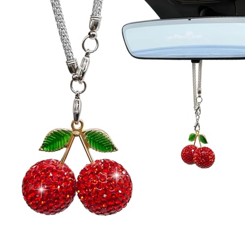 Crystal Cherry Car Accessories - Rear View Mirror Hanging Accessories with Sparkling Pendant, Cute Aesthetic Decor for Women, Red Car Charm Ornament for Interior