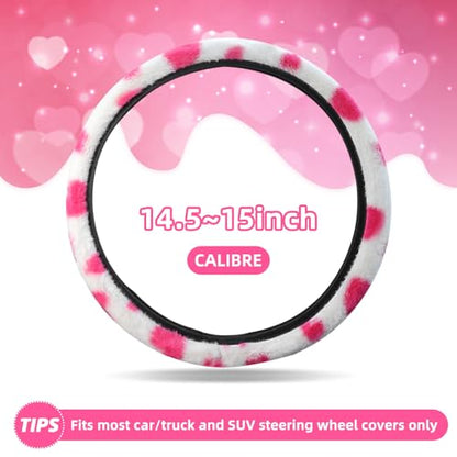 SuperKaKa 3PCS Plush Heart Print Steering Wheel Cover,Auto Furry Cute Shift Gear & Hand Brake Covers Soft Warm Universal Car Interior Accessories for Women Men(Pink Heart) - color: Pink Heart