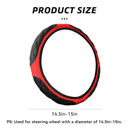 15 Inch Car Leather Steering Wheel Cover, Automotive Accessories Elastic Breathable Anti-Slip Soft Wheel Protector Fits Men and Women, Suitable for SUVs, Trucks, Vehicles and RVs (Red) - color: Red