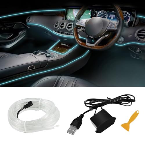 EL Wire Interior Car LED Strip Lights, 16.4FT RGB USB Neon Automotive Light Strip, Electroluminescent Vehicle Ambient Lighting Kit, Interior Decoration Car Accessories (Ice Blue) - color: Ice Blue, size: USB