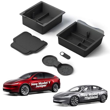 Center Console Organizer Fit For Tesla Model Y Juniper（2025-2026）& Model 3 Highland （2024-2026） Double Layer Silicone Slide Smoothly New Model Y/3 Accessories, 5 Pcs