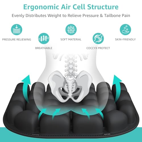 Inflatable Travel Seat Cushion for Airplane - Portable Air Pad with Built-in Pump for Long Flights & Car Rides - Ergonomic Tailbone Pain Relief for Office Chair, Wheelchair, Stadium - size: 17"x18.5"