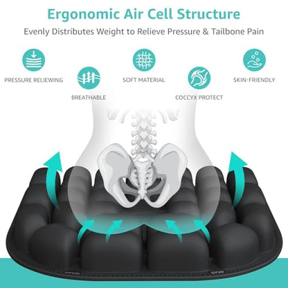 Inflatable Travel Seat Cushion for Airplane - Portable Air Pad with Built-in Pump for Long Flights & Car Rides - Ergonomic Tailbone Pain Relief for Office Chair, Wheelchair, Stadium - size: 17"x18.5"