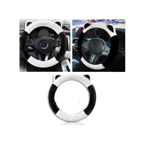 Car Steering Wheel Cover, Cute Steering Wheel Protector with Kitty Cat Ears,Fluffy Soft Plush for Winter Warm, Universal Fit 15 inches for Car,SUV, Elastic & Anti-Slip (Black/White) - color: Black/White
