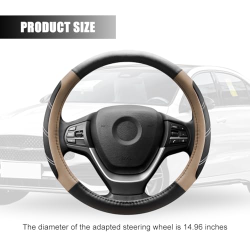 Car Steering Wheel Cover, 15 Inch Carbon Fiber Leather Non-Slip Steering Wheel Protector with Lining, Breathable Automotive Interior Accessories, Universal for SUV RV Truck (Beige)