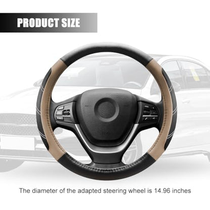 Car Steering Wheel Cover, 15 Inch Carbon Fiber Leather Non-Slip Steering Wheel Protector with Lining, Breathable Automotive Interior Accessories, Universal for SUV RV Truck (Beige)