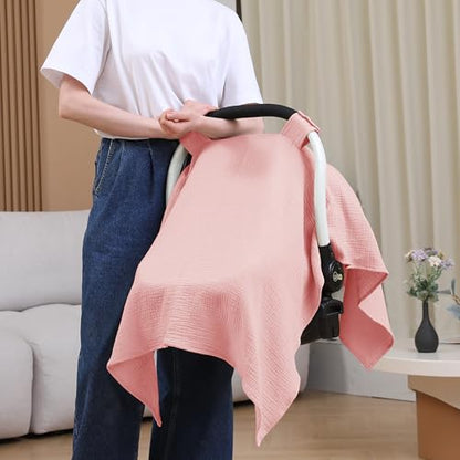 100% Muslin Cotton Car Seat Cover Baby, Carseat Canopy Cover, Universal Fit Stroller Covers for Boys and Girls (Pink) - color: pink