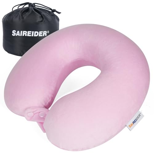 SAIREIDER Travel Neck Pillow 100% Pure Memory Foam Airplane Pillow for Head Support,Soft Adjustable Pillow for Plane, Car & Home Recliner with Storage Bag (Pink) - color: Pink(storage Bag)