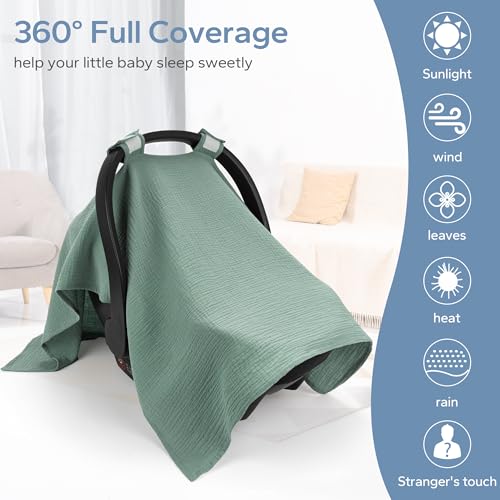 SERAPHY 100% Muslin Cotton Car Seat Cover Baby, Universal Carseat Covers, Breathable Baby Car Seat Canopy for Boys Girls, Soft Infant Car Seat Cover for Summer —Green - color: Green