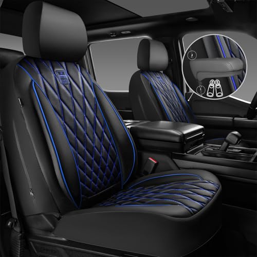 CAR PASS Piping Luxury PU Leather Two Front Car Seat Covers,Waterproof Anti- Slip Seat Covers Compatible with Front Seat Armrests,Universal Fit for Suvs,Vans,Trucks,Airbag Compatible(Black and Blue) - color: Black and Blue, size: Two Front