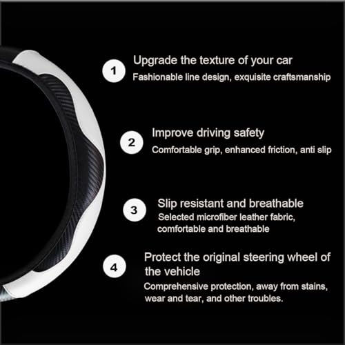 Ultra Fine Carbon Fiber Leather Steering Wheel Cover, Anti Slip and Sun Protective Protect The Steering Wheel, Easy to Install,Universal of 14.5"-15" (White) - color: White