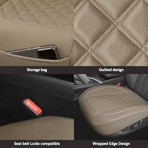 1 Pack PU Leather Quilting Front Car Seat Cover, Anti-Slip Full Wrap-Around Bottom Seat Protector Cushion with Storage Pocket, Universal Fit for Most Vehicles - Beige - color: Beige
