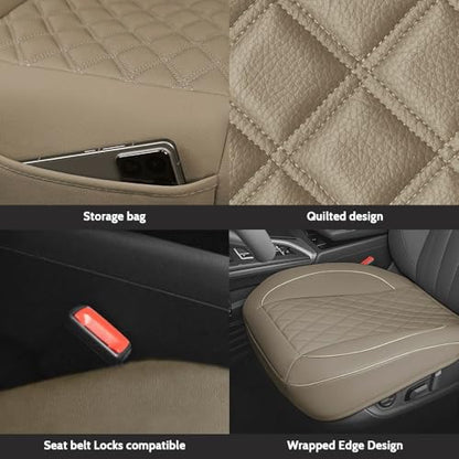 1 Pack PU Leather Quilting Front Car Seat Cover, Anti-Slip Full Wrap-Around Bottom Seat Protector Cushion with Storage Pocket, Universal Fit for Most Vehicles - Beige - color: Beige