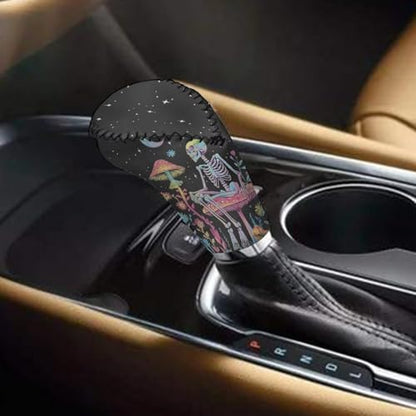 Skull Mushroom Moon Print Gear Shift Knob Cover Set with Handbrake Cover, Stretchy Universal Car Accessory