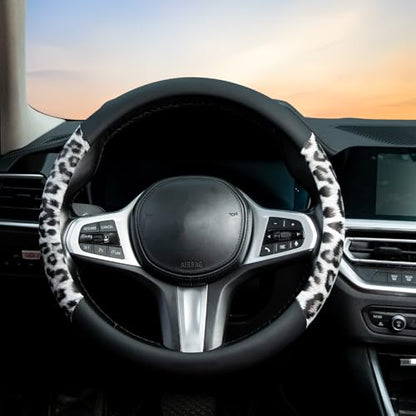 White Leopard Steering Wheel Cover Auto Leather Steering Wheel Protector, Anti-Slip, Breathable, Absorbing Sweat, Universal Leopard Car Accessories 14.5–15 inch,Fit for Most Car, Trucks, SUV - style: White Leopard
