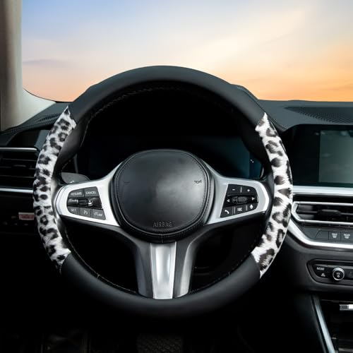 White Leopard Steering Wheel Cover Auto Leather Steering Wheel Protector, Anti-Slip, Breathable, Absorbing Sweat, Universal Leopard Car Accessories 14.5–15 inch,Fit for Most Car, Trucks, SUV - style: White Leopard