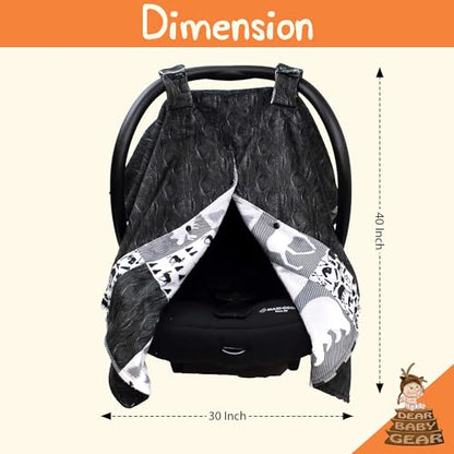 Dear Baby Gear - Infant Carseat Canopy and Winter Covers - Cozy Baby Car Seat Cover for Girls and Boys - Stroller Cover - Mountains Moose & Bear - Faux Quilt/Woodgrain 40" x 30" - color: Moose & Bear Faux Quilt/Black Woodgrain